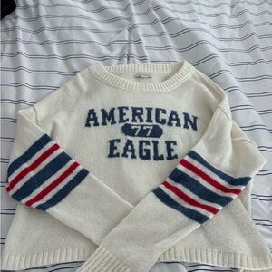 American Eagle Outfitters Cream Sweater with Blue and Red Accents